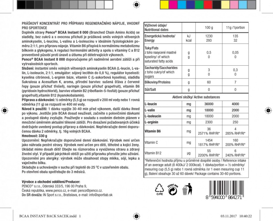 Aminokyseliny  BCAA INSTANT 8000  Třešeň, 330 g č.2