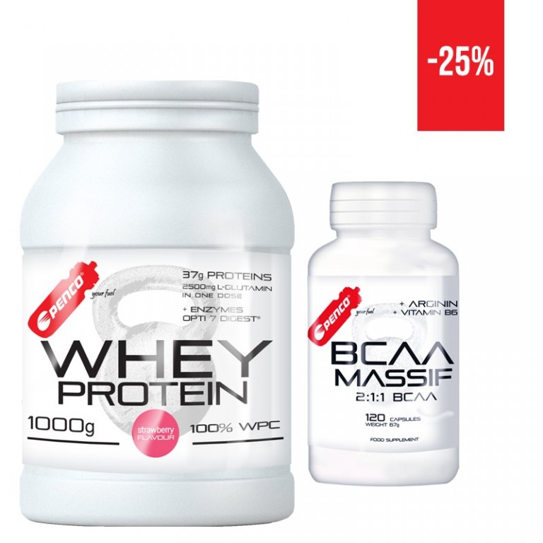  AKCE WHEY PROTEIN 1000g  Jahoda +  BCAA MASSIF  120 tobolek ZDARMA č.1